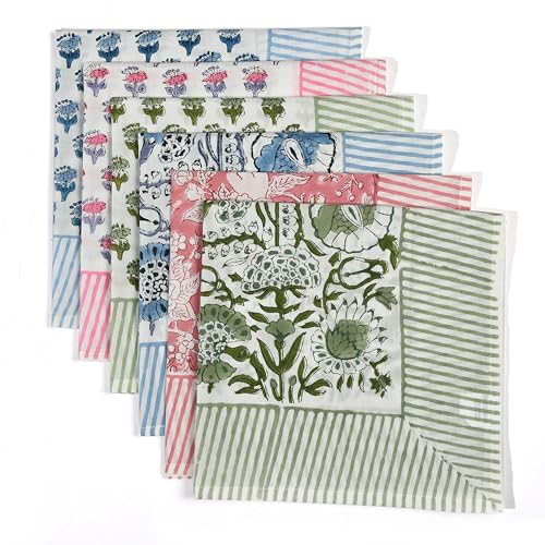 CPC Stripe Border Indian Block Print Cotton Cloth Napkins Set of 4, 18x18 Reusable Everyday Napkins, Soft, Absorbent, Floral Dinner Napkin, Holiday, Party Gift, Spring,Mother's Day