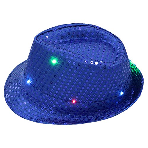 Wankd Chapeau de fête Fedora avec 9 LED clignotantes et colorées, avec paillettes - Bleu - bleu roi, 58 Cover