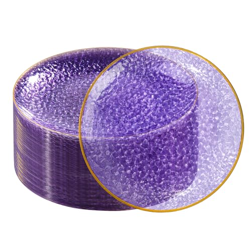 DaYammi 60 Pieces Purple Gold Plastic Plates - 10 inch Clear Dinner Plates - Hammer Pattern Design - Fancy Clear Purple and Gold Disposable Plates For All Occasions