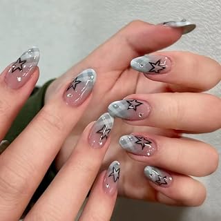 Press on Nails Kit Medium Almond French Light Blue Fake Nails Set with Simple Plaid Stripe Design Full Cover Glue ons Artificial False Stick on Acrylic Nail for Women 24PCS