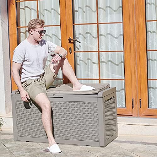 YITAHOME Garden Storage Box Waterproof, Heavy Duty 380L Resin Deck Boxes with Cushion, Weather Resistant Durable Garden Storage Box, Outdoor Cushions, Lockable, Outdoor Storage Containers,Lignt Brown