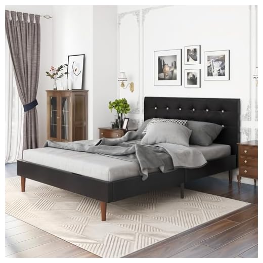 Yegee Faux Leather Platform Bed Queen Size Bed Frame with Crystal-Button Tufted Headboard Wood Slat Sopport and Bed Feet (Black, Queen)