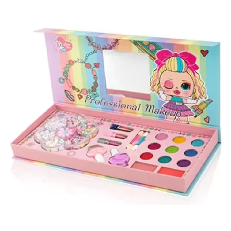 Kit de Maquiagem Infantil 2 em 1 com Miçangas, Estojo com Espelho, Sombras, Batons e Esmaltes, 30 x 13,5 x 3 cm, Brinquedo Infantil