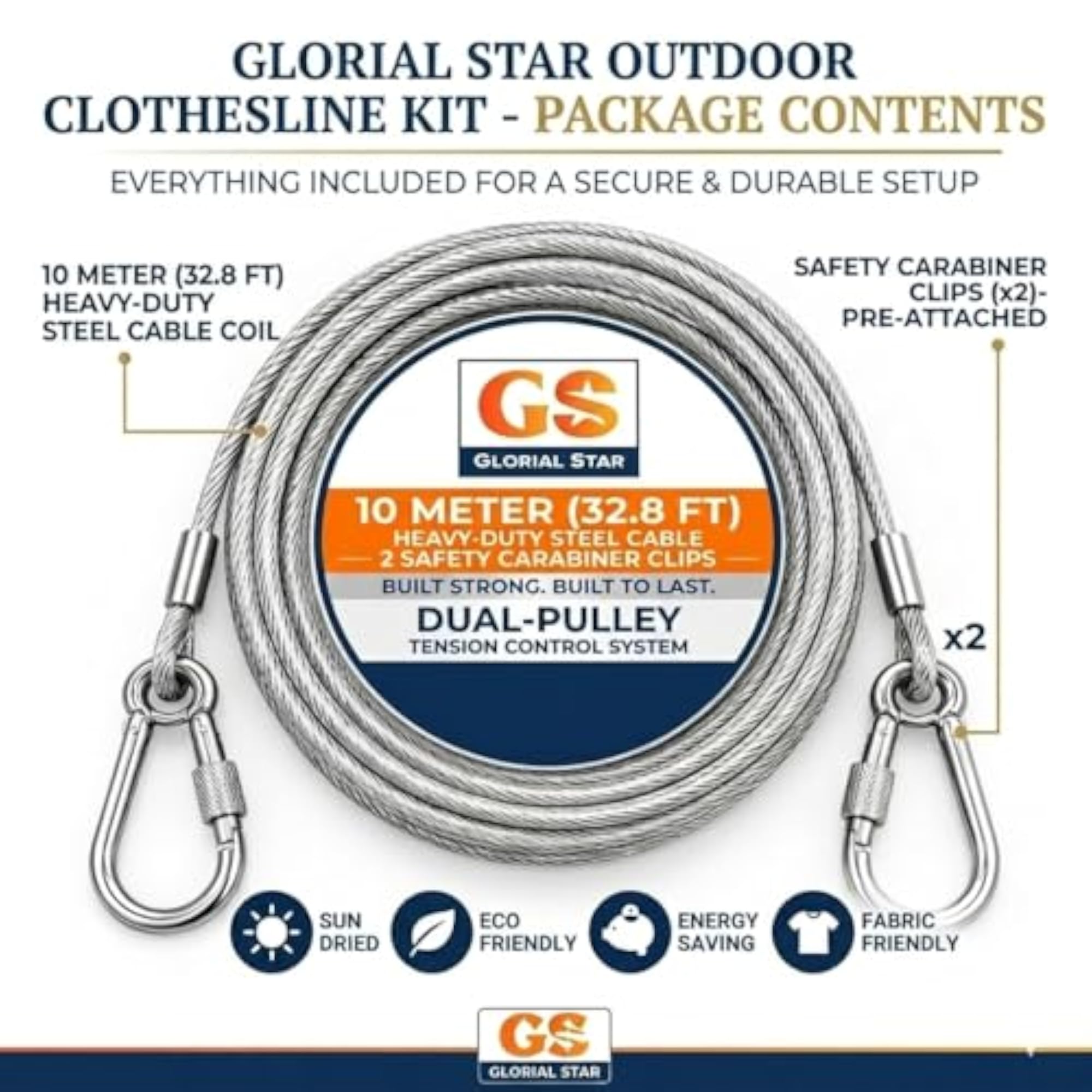 Outdoor Clothesline Wire Rope with Carabiner Hooks