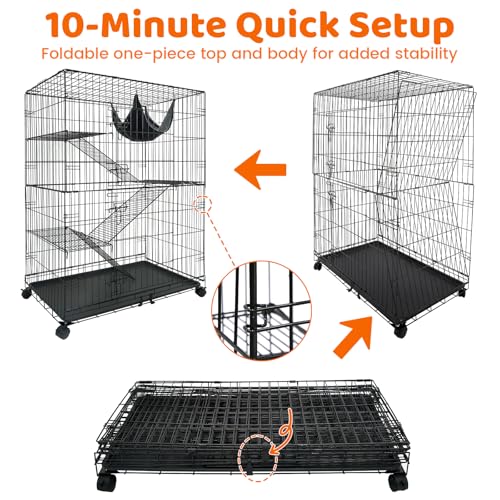 Homey Pet 50 Inch Cat Cages Indoor, Large 4-Tier Cat Crates for Indoor Cats, Collapsible Metal Wire Cat Kennel Big Multi-Level Cat Cage for Adult Cats Kitten Kitty with Hammock, Ramp, 360° Wheels by Homey Pet - Image 8