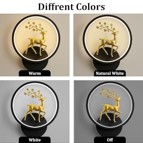 Image of fizzytech LED Deer Wall Light, Round Decorative Wall Lamp with Golden Deer Design, 3 Colour Changing Modes for Living Room, Bedroom, Hallway & Home Decor, Pack of 2