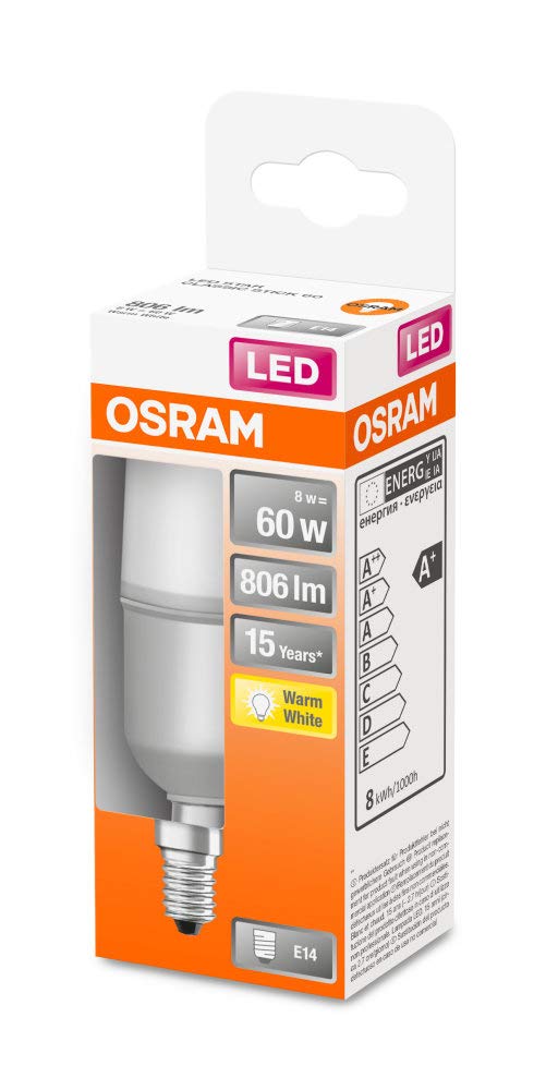 Osram LED-Lampe | Sockel: E14 | Warmweiss | 2700 K | 8 W | Ersatz für 60-W-Glühbirne | LED STAR STICK Energieeffizienzklasse A+ | 10er-Pack