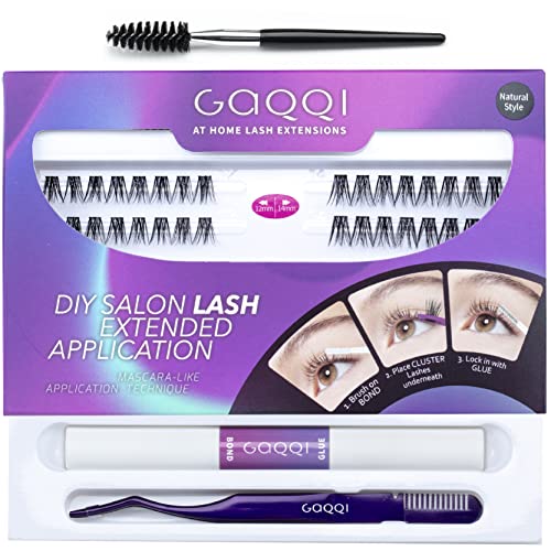 GAQQI DIY Lash Extension Kit, 32 PCS Wide-Stem Cluster Lashes with Super Hold Bond and Seal Glue, Applicator, 12+14mm Mixed Length Individual Lashes, DIY Eyelash Extension Kit at Home - Style Natural