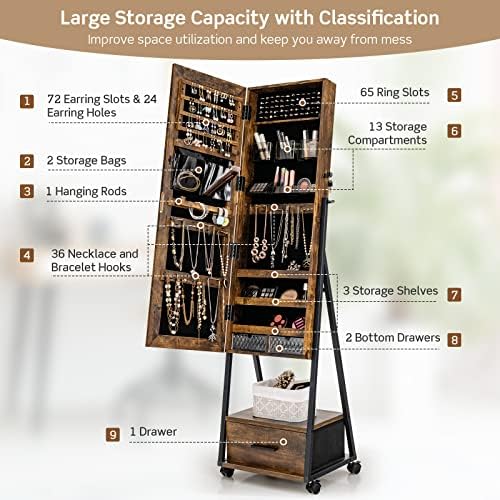 CASART 3-in-1 Jewelry Cabinet, Mobile Cosmetic Jewelry Armoire with Drawer, Full Length Mirror & 4 Wheels, Free Standing Lockable Makeup Storage Organizer for Living Room Dressing Room (Rustic Brown)