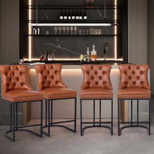 Image of UVV Counter Height Bar Stools Set of 3, 26 inch Modern Barstools with Back, Faux Leather Upholstery Counter Chairs with Metal Legs for Kitchen Island, Bar, Counter, Brown