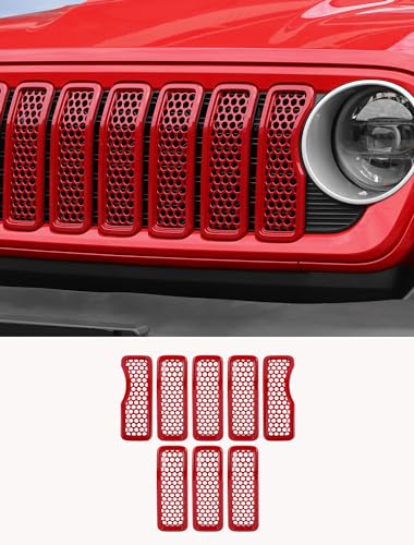 Image of Savadicar Front Grill Inserts for 2024-2025 Jeep Wrangler JL JLU 4XE & Gladiator JT - Elevate Your Wrangler's Aesthetics with Front Mesh Grille Cover Guard, Exterior Trim Accessories, 7 PCs, Red