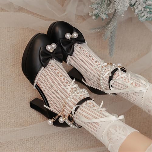 Inornever Mary Jane Shoes Women Platform High Heels Round Toe Single Strap Buckle with Bow Pearl Accents PU Dress Pumps for Women Pink White Black2