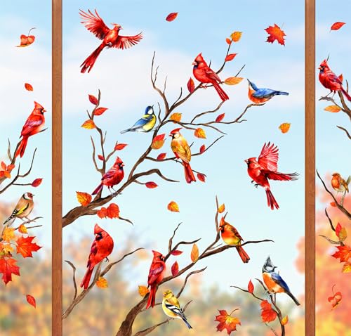 Whaline 6 Sheet Fall Window Clings Cardinal Red Bird Branch Leaves Reusable Window Decals for Autumn Thanksgiving Holiday Harvest Season Home School Office Supplies Decor