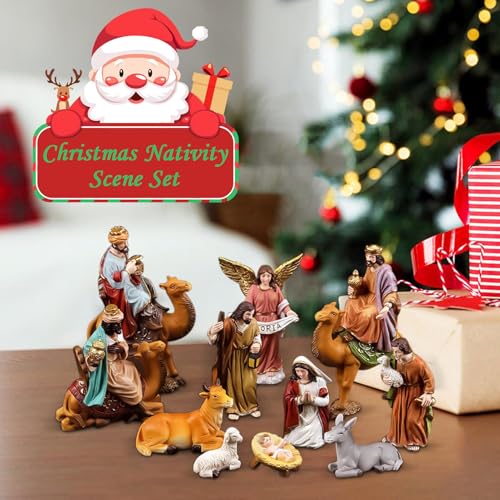 Figuras de Belén pequeñas y estatuilla religiosa para mesa de centro o librería 8