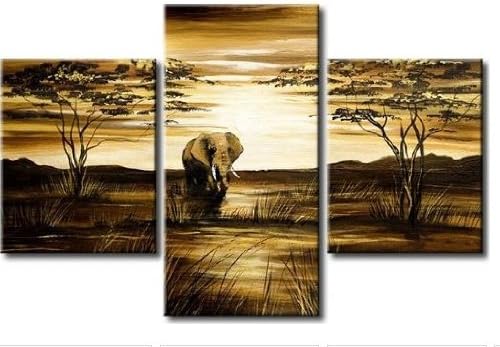 100% Hand-painted Best-selling Quality Goods Wood Framed on the Back Tree African Elephant Grassland High Q. Wall Decor Landscape Oil Painting on Canvas 3pcs/set Mixorde