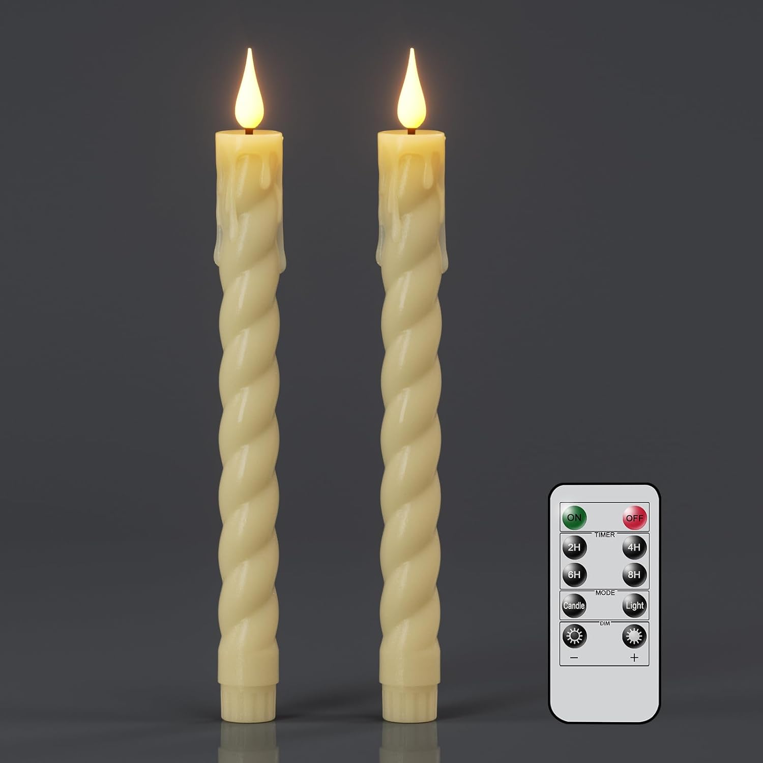 Eldnacele Flameless Flickering Taper Candles with Remote and Timer, Battery Operated Spiral Window Plastic Candles Ivory LED Candlesticks for Dinner Home Indoor Holiday Decor(2pcs, D0.78×H9.65)