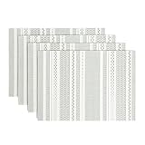 Over&Back Set of 4 Reversible Woven Placemats - Colorful Dining Room Table Mat - UVA/UVB-Proof Polypropylene - Indoor and Outdoor Kitchen and Home Decor - Striped - Green - Rectangle