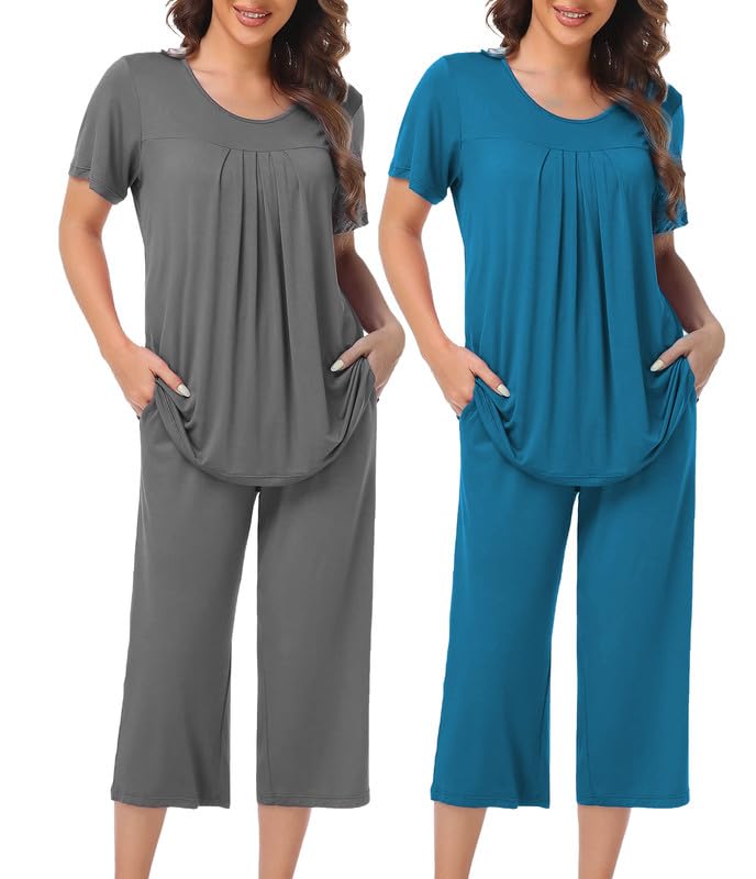 COLORFULLEAF Damen Schlafanzug Kurzarm Pyjama Set aus Bambus Zweiteiliger Kurzarm Nachtwäsche und Schlafanzug 3/4 Hose