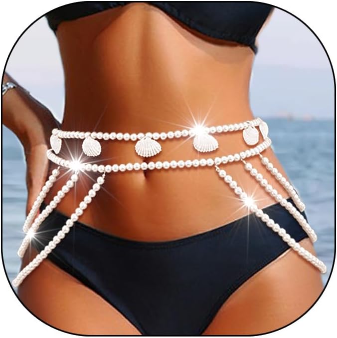 - 1 Pcs Premium white Pearl Shell Waist Chain Double Adjustable Body Chain White Beaded Belly Chain white