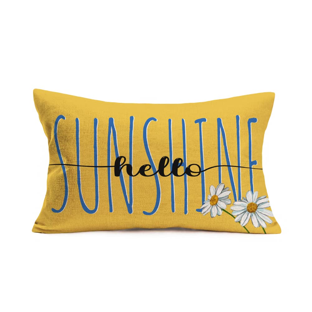 Fukeen Summer Hello Sunshine Pillow Covers 12x20 Inch Daisy Flowers Sunflower Farmhouse Decorations Throw Waist Pillow Cases Cotton Linen Rectangular Oblong Pillows Cushion Cover Yellow Blue