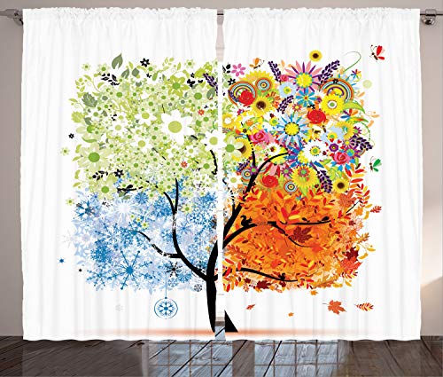 Ambesonne Tree Curtains, Seasonal Tree Branches with Flowers Spring Summer Autumn Winter Growth Theme Artwork, Living Room Bedroom Window Drapes 2 Panel Set, 108