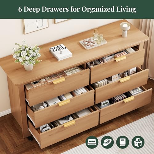 Image of 59 inch Wide Wood TV Stand with 6 Drawers & Metal Handles, Modern Media Console Storage Cabinet for Living Room, Bedroom, Entryway & Home Office, Wood