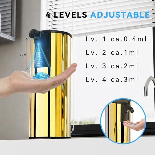 Image of Automatic Soap Dispenser Touchless 11.8oz /350ml Stainless Steel Material | 4-Level Adjustable Dispenser Volume，Battery Powered for Wide Compatibility in Kitchen, Bathroom, Hotel & Office (Gold)
