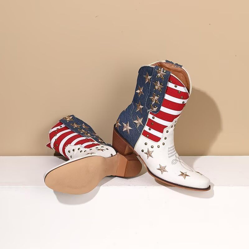 Women Studded Western Boots Mid Calf Embroidered Cowboy Cowgirl Fringe Stacked Heels Vintage Trendy Short Bootie Country Concert Line Dance Rodeo Ankle Boot