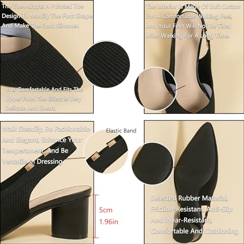 Women's Knitted Pointed Toe Slingback Pumps Fashion Elastic Band Backless Low Chunky Heels Comfort Dress Sandals Casual Slip-on Party Formal Work Shoes3