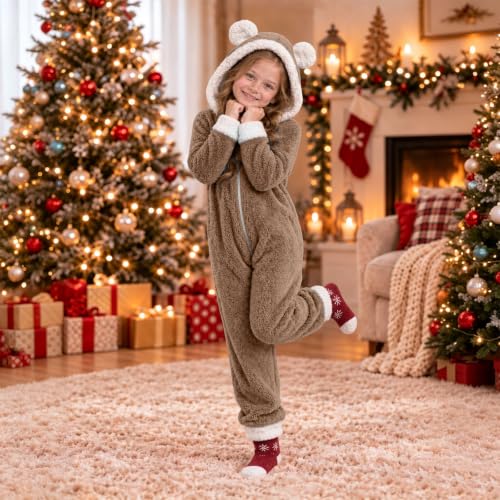 Kids Christmas Hooded Onesie Fleece Jumpsuit Outfit With 3D Ears For Girls - image 4