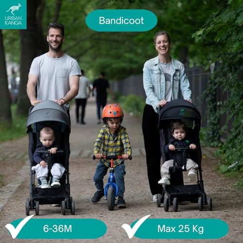 Urban Kanga Bandicoot Reisebuggy fürs Flugzeug-Handgepäck – Ultraleichter kompakter Buggy bis 22 kg, faltbarer Kinderbuggy mit Transporttasche & Schultergurt (Midnight Black)