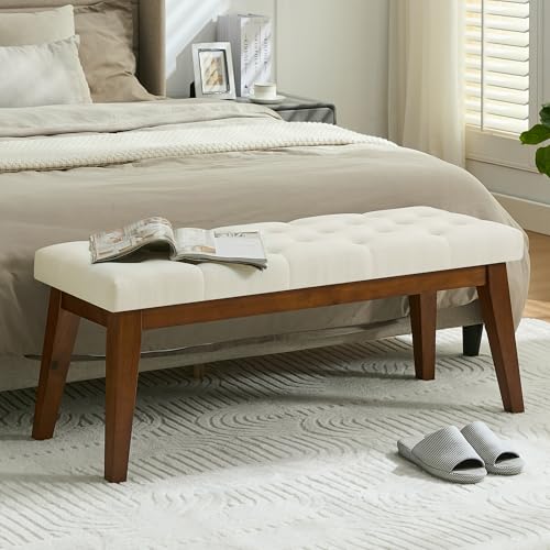 Image of WUTUTUEE 43.5'' Linen Bedroom Bench, Upholstered End of Bed Bench with Tufted Button, Padded Vintage Dining Bench, Entryway Bench with Solid Wood Legs, Kitchen, Living Room, Hallway, Beige Tufted