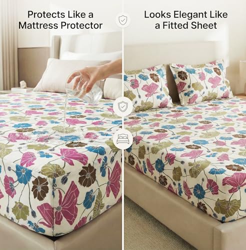 Image of VAS Collections Waterproof Fitted Bedsheet King Size (78x72+8 inches) with 2 Pillow Covers | Noiseless, Leakproof, All-Round Elastic (White, Green & Blue, Fitted Bedsheet (78 X72 inch))