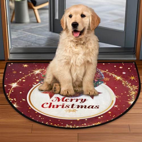 Image of cfpolar Christmas Red Bells Half Round Door Mat Outdoor Entrance Large 24 inchx36 inch Half Circle Welcome Entrance Way Mat Semi Circular Front Door Mat Area Rug for Garage, Patio, High Traffic Areas