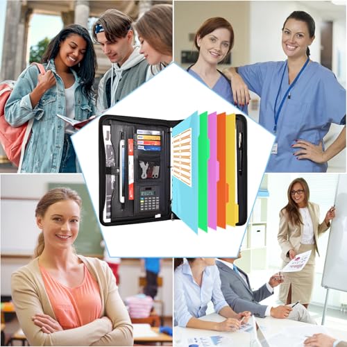 Image of Eshow padfolio Portfolio Binder - 3 Ring Binder with Zipper, Vegan Leather | Includes 5 Colorful Sheet Protectors for Documents & Diles, 1 Pen, and 1 A4 Notepad, Designed for Women and Men