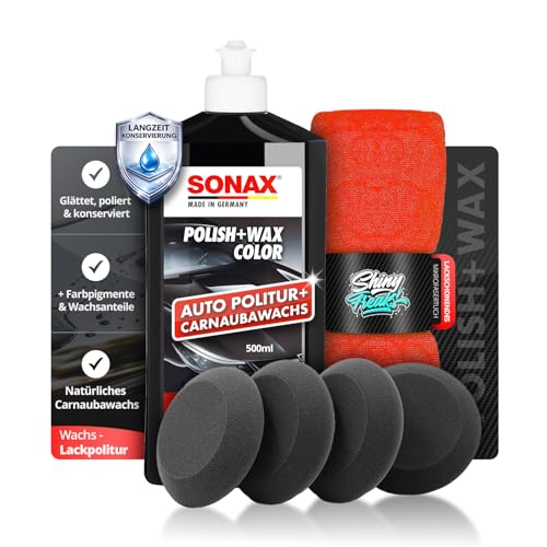 Politurset: SONAX Polish+Wax Color schwarz (500 ml) Auto Politur mit schwarzen Farbpigmenten und Wachsanteilen + Applikator + Mikrofasertücher | mühelos zum perfekten Polierergebnis | 6-Teilig