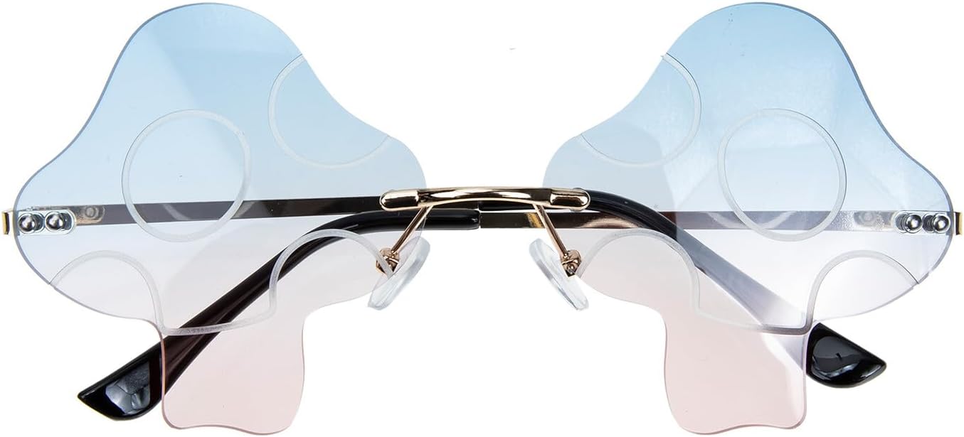 Rimless Mushroom Sunglasses for Women, Fashion Plastic Party Eyewear with Blue-pink Gradient Gold Frame, Photo Prop Accessories for Festivals and Social Events