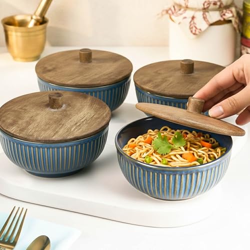 Image of The Earth Store Glam Blue Ceramic Bowl Set of 4 - 500ML Each with Nob Wooden Lid | Mixing Bowls for Snacks, Rice, Dal, Fruits, Salad Microwave Safe Bowl with Lid Perfect Gifting & Daily Use