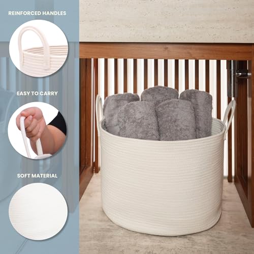 Image of OrganiHaus Round Toy Basket & Blanket Basket, Cotton Rope 20x13 inch | Full Off-White - Round Cotton Rope Basket, 20x13 inch