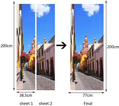 3D Door Decal Street With Medieval Buildings Queretaro Mexico Door Stickers Removable Adhesive Pvc Door Wall Mural Door Wallpaper Door Art For Home Decor 30.3" W X 78.7" H #TOP4