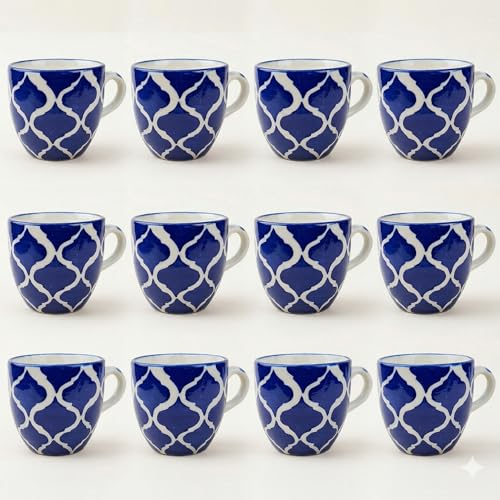 Image of HandPainted Blue Ceramic Tea Cups Set of 12 Small Coffee Chai Serving Cups Microwave Safe | Ideal Gift for Anniversary, Housewarming Parties | NewYear Gifts Set for Family and Friends 100 ML Each