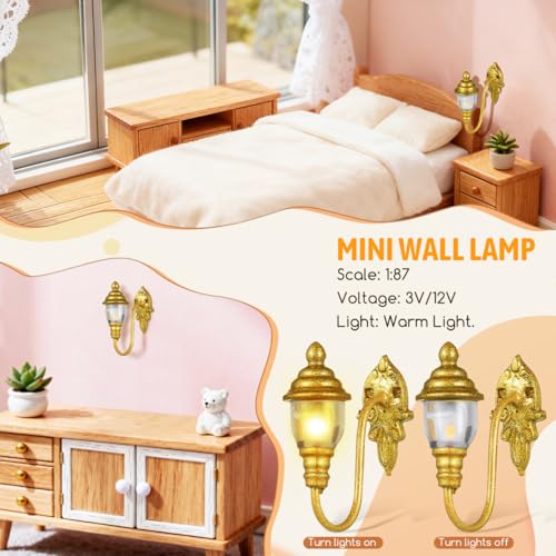 Image of DOITOOOL 4 Pcs Dollhouse Wall Lights, Mini Vintage Doll House Lights Dollhouse Wall Sconces 1:87 Scale Miniature Lamps Models for DIY Micro Landscape Sand Table Ornaments, Golden