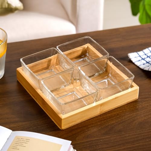 Image of Nestasia Set of 4 Square Glass Bowls (250 ml Each) with Wooden Tray | Transparent Katori for Ice Cream & Dessert, Snacks & Dry Fruits Serving Set for Dining Table, Home & Kitchen - Perfect for Gifting