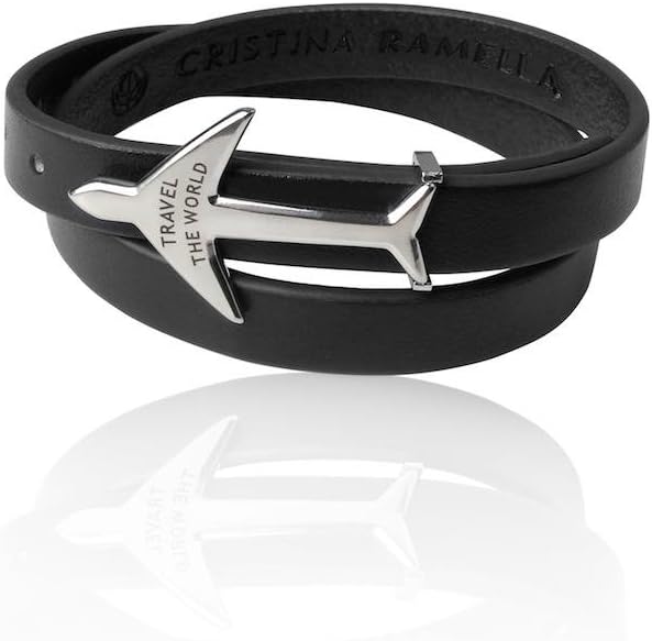 Cristina Ramella Rhodium Airplane Leather Band Bracelet (Black Leather)