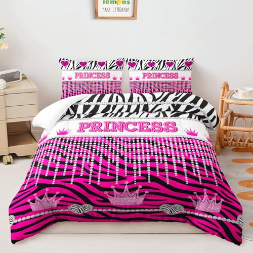 Image of AILONEN Hot Pink Princess Comforter Queen Size with 2 Pillowcases,Zebra Stripes Bedding Set 3Pcs for Girls,Glitter Crown & Heart Quilt Set for Home Decor