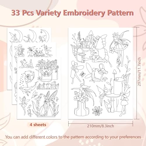 peacoblue Water Soluble Embroidery Patterns for Beginners 4 Sheets Flower Fairy with 33pcs Patterns - Image 2