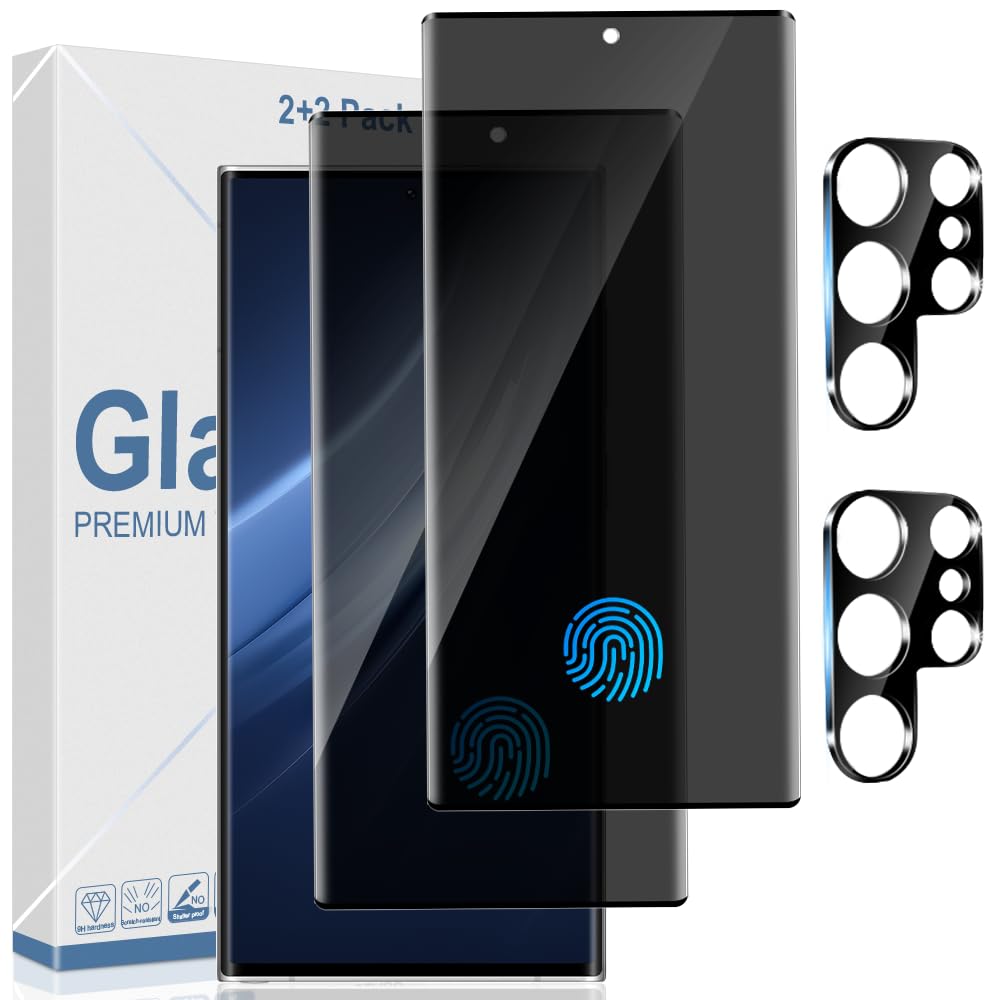 2+2 Pack Galaxy S23 Ultra 5G Privacy Screen Protector With Camera Lens Protection,Anti-Spy Tempered Glass, 3D Full Coverage, Fingerprint Unlock, Easy to install For Samsung Galaxy S23 Ultra 6.8 Inch