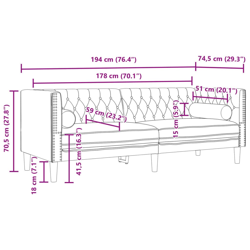 Chesterfield, divano in velluto a 3 posti, grigio scuro, 194 x 74,5 x 70,5 cm, con cuscino cervicale e chiusura a bottoni, comodo rinnovamento per soggiorno, camera da letto, ufficio