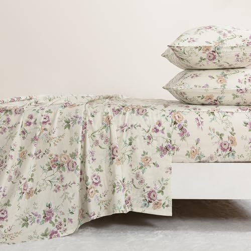 Image of FADFAY Vintage Romantic Sheets Set Queen Peony Floral Bedding Cottagecore Botanical Sheets Shabby Floral Farmhouse Bedding 100% Muslin Cotton 4Pcs
