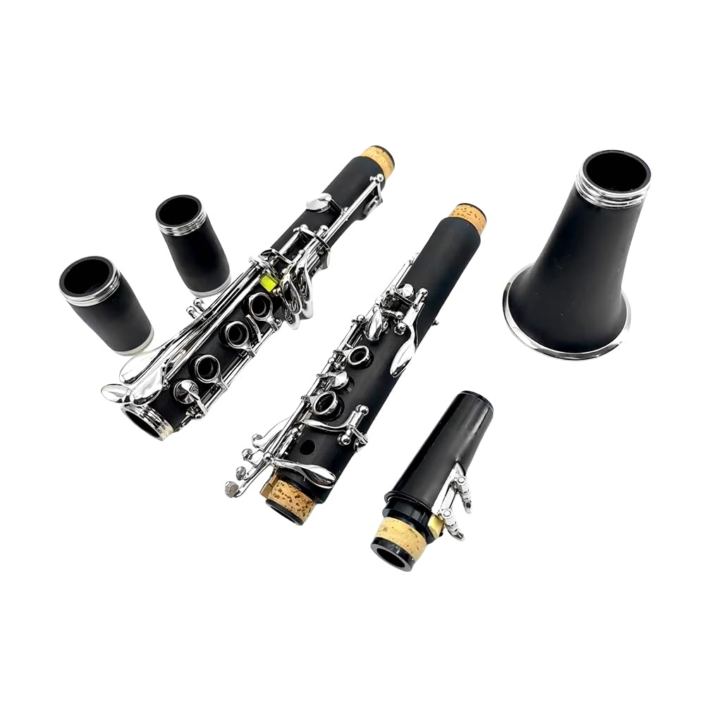 Clarinette en si bémol pour étudiant en bois d'ébonite si bémol 17 touches nickelé pour débutant avec 2 barils avec chiffon de nettoyage gants Noir Orchestre Instrument de musique
